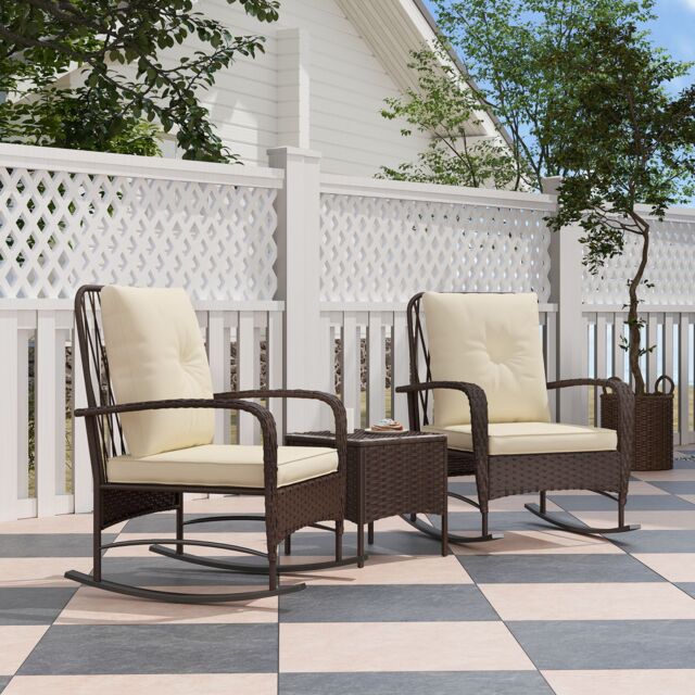 OUTSUNNY Rattan Bistro Set Balcony Furniture with Rocking Chairs in Brown