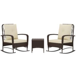 OUTSUNNY Rattan Bistro Set Balcony Furniture with Rocking Chairs in Brown - thumbnail 2