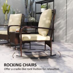 OUTSUNNY Rattan Bistro Set Balcony Furniture with Rocking Chairs in Brown - thumbnail 4