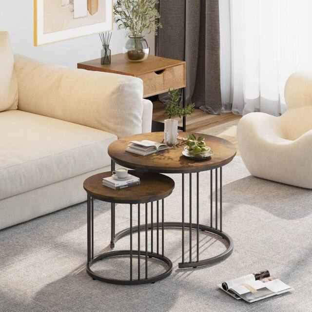 Huhote Round Nesting Coffee Tables 2 Set End Table Side Table Metal Frame in Brown - image 1