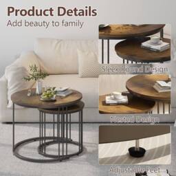 Huhote Round Nesting Coffee Tables 2 Set End Table Side Table Metal Frame in Brown - thumbnail 4