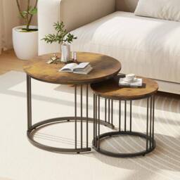 Huhote Round Nesting Coffee Tables 2 Set End Table Side Table Metal Frame in Brown - thumbnail 2