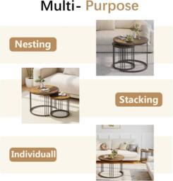 Huhote Round Nesting Coffee Tables 2 Set End Table Side Table Metal Frame in Brown - thumbnail 5