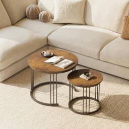 Huhote Round Nesting Coffee Tables 2 Set End Table Side Table Metal Frame in Brown - thumbnail 3