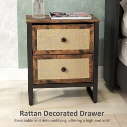 HOMCOM Bedside Table with 2 Rattan Drawers & Steel Legs, Rustic Brown in White - thumbnail 4