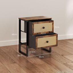 HOMCOM Bedside Table with 2 Rattan Drawers & Steel Legs, Rustic Brown in White - thumbnail 3