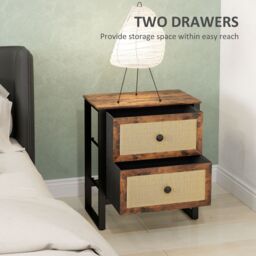 HOMCOM Bedside Table with 2 Rattan Drawers & Steel Legs, Rustic Brown in White - thumbnail 6