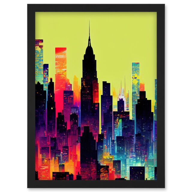 Artery8 New York Vibrant Multi Coloured Graphic Design Skyscraper Cityscape Silhouette Artwork Framed Wall Art Print A4 in Black - image 1