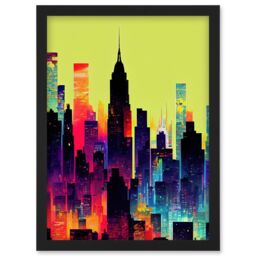 Artery8 New York Vibrant Multi Coloured Graphic Design Skyscraper Cityscape Silhouette Artwork Framed Wall Art Print A4 in Black - thumbnail 1