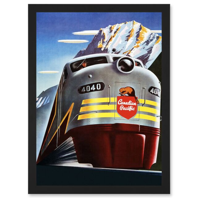 Artery8 Canadian Pacific Railways 4040 Iconic Train Vintage Yellow Canada A4 Artwork Framed Wall Art Print in Black - image 1