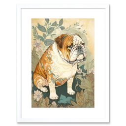 "Artery8 Wall Art Print Bulldog with Ornate Pattern Fur Coat in Flower Field Modern Watercolour Artwork Framed 9X7 Inch in White - Size: W7"" x H9""" - thumbnail 1