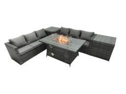 Fimous Rattan Garden Furniture Firepit Dining Set 6 Seater Lounge Sofa Table Set with 2 Side Tables in Dark Grey - thumbnail 2