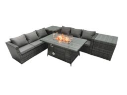 Fimous Rattan Garden Furniture Firepit Dining Set 6 Seater Lounge Sofa Table Set with 2 Side Tables in Dark Grey - thumbnail 1