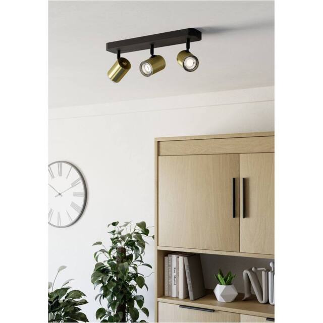 Loops Stylish Black & Brushed Brass Triple LED Bathroom Ceiling Spotlight - image 1