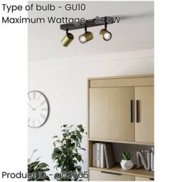 Loops Stylish Black & Brushed Brass Triple LED Bathroom Ceiling Spotlight - thumbnail 2
