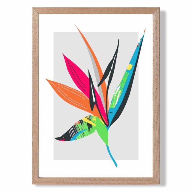 ARTZE Tropical Flower Blue & Green Abstract Minimalist Framed Print SIZE: A2 with Oak Frame in Mid Blue - Size: A4 - image 1