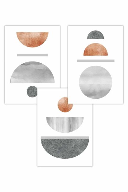 ARTZE Set of 3 Copper & Grey Abstract Mid Century Geometric Art Posters in Pale Orange - Size: W50 cm x H70 cm - image 1