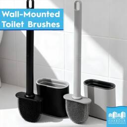 Harbour Housewares 2x Toilet Brush & Holders - Wall-Mounted TRP Silicone Bathroom Brush in Black - thumbnail 3