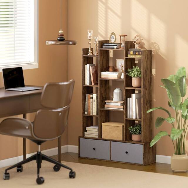 HOMCOM 12-Tier Bookshelf, Bookcase w/ 2 Folding Drawer, Rustic Brown - Size: 120 cm x 80 cm - image 1