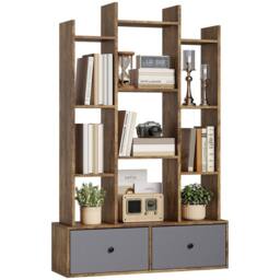 HOMCOM 12-Tier Bookshelf, Bookcase w/ 2 Folding Drawer, Rustic Brown - Size: 120 cm x 80 cm - thumbnail 2