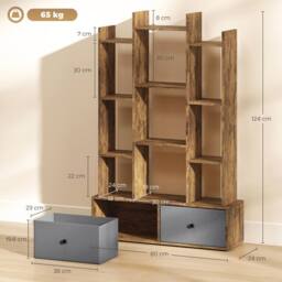 HOMCOM 12-Tier Bookshelf, Bookcase w/ 2 Folding Drawer, Rustic Brown - Size: 120 cm x 80 cm - thumbnail 3