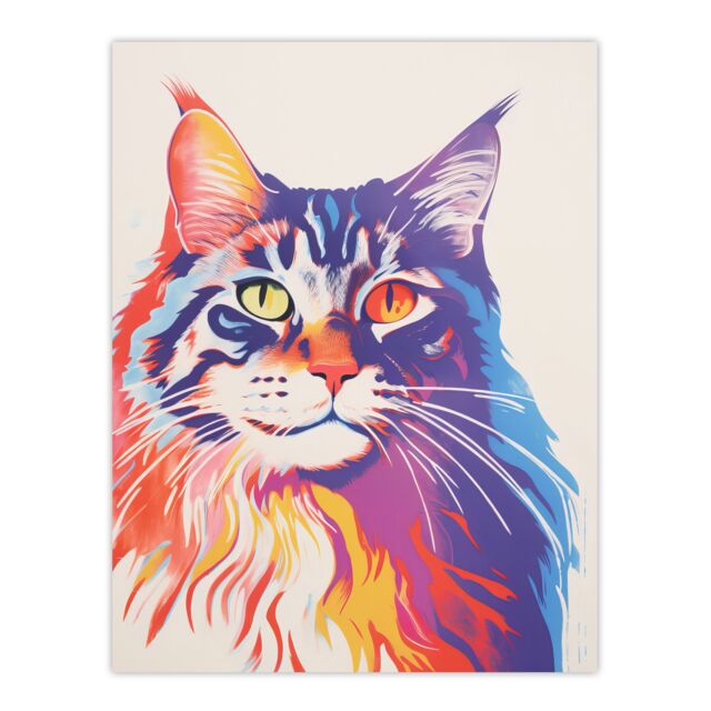 "Artery8 Wall Art Print Maine Coon Cat Risograph Bright Orange Purple Blue Screen Artwork Riso Interior Design Poster - Size: W12"" x H16""" - image 1