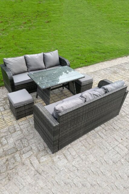 Fimous Outdoor Rattan Sofa Set Dining Table Curved Arm Lounge Sofa Small Footstools 8 Seater in Dark Grey - image 1