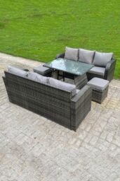 Fimous Outdoor Rattan Sofa Set Dining Table Curved Arm Lounge Sofa Small Footstools 8 Seater in Dark Grey - thumbnail 2