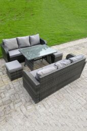 Fimous Outdoor Rattan Sofa Set Dining Table Curved Arm Lounge Sofa Small Footstools 8 Seater in Dark Grey - thumbnail 3