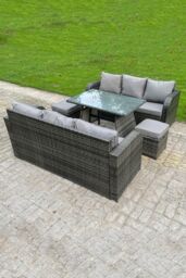 Fimous Outdoor Rattan Sofa Set Dining Table Curved Arm Lounge Sofa Small Footstools 8 Seater in Dark Grey - thumbnail 4