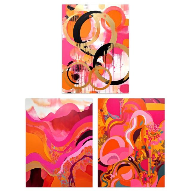 "Artery8 Art Print Set of 3 Abstract in Pink Orange & Gold Waves Poster Pack - Size: W12"" x H16""" - image 1
