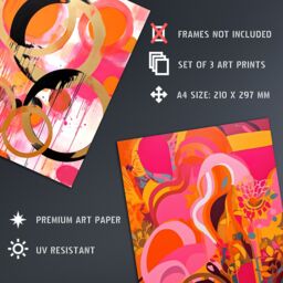 "Artery8 Art Print Set of 3 Abstract in Pink Orange & Gold Waves Poster Pack - Size: W12"" x H16""" - thumbnail 4