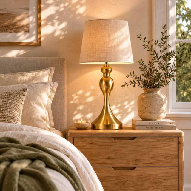 Wyld Haus Rino Set of 2 Bedside Lamps Gold Tone Metal Base Beige Linen Shade - image 1