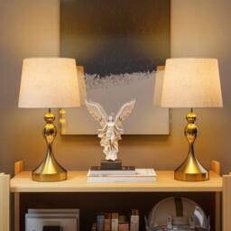 Wyld Haus Rino Set of 2 Bedside Lamps Gold Tone Metal Base Beige Linen Shade - thumbnail 3
