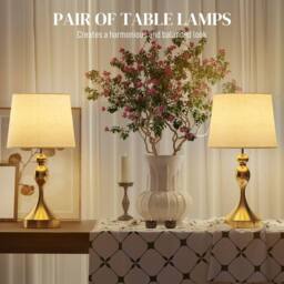 Wyld Haus Rino Set of 2 Bedside Lamps Gold Tone Metal Base Beige Linen Shade - thumbnail 7