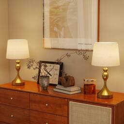 Wyld Haus Rino Set of 2 Bedside Lamps Gold Tone Metal Base Beige Linen Shade - thumbnail 9