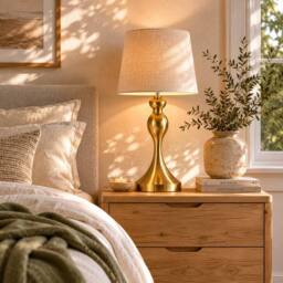 Wyld Haus Rino Set of 2 Bedside Lamps Gold Tone Metal Base Beige Linen Shade - thumbnail 1