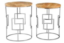 Orsina Natural Mango Wood Nesting Side Tables, Set of 2 Modern Round Tables with Metal Base, Accent Tables - thumbnail 2