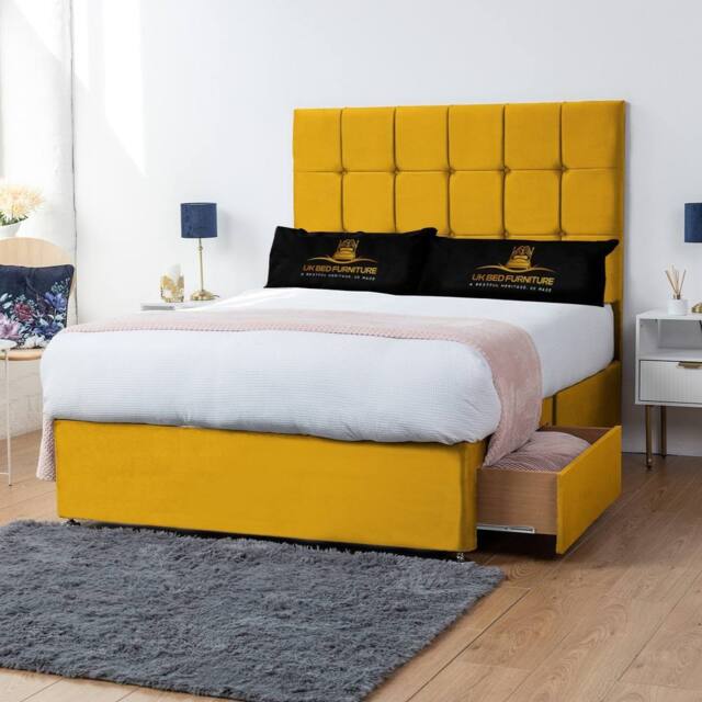 UK Bed Furniture Florence Divan Bed with 2 Drawers Foot End & 26 Inch headboard in Mustard - Size: King - image 1
