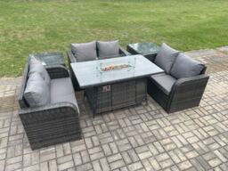 Fimous Rattan Outdoor Garden Furniture Sofa Set Gas Fire Pit Dining Table Gas Heater with 2 Side Tables Love Sofa Dark Grey Mixed - thumbnail 3