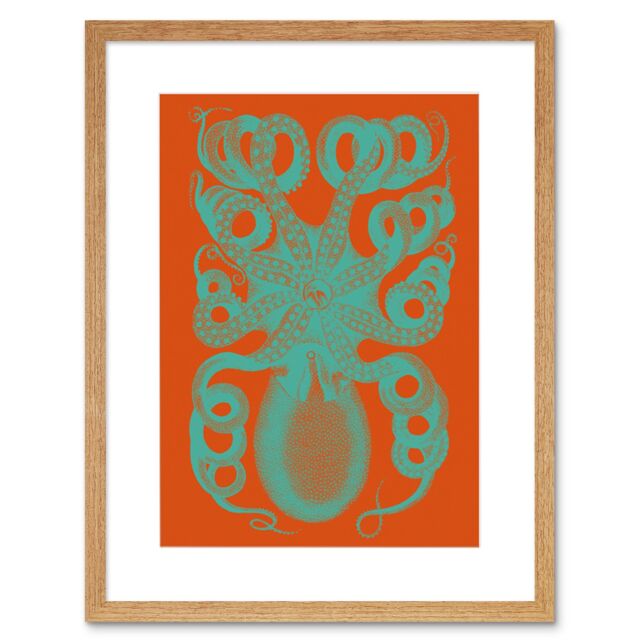"Artery8 Wall Art Print Octopus Coral Blue Red Art Framed 9x7 inch in Beige - Size: W7"" x H9""" - image 1