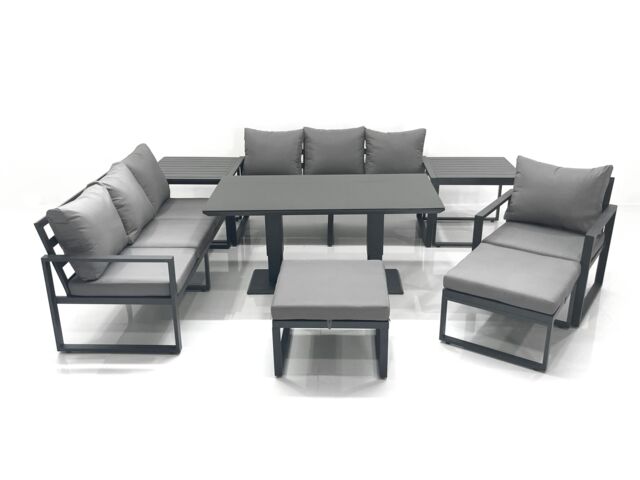 Fimous Outdoor Garden Furniture Set Aluminium Lounge Sofa Adjustable Rising Lifting Dining Table Sets with 2 Big Footstools 2 Side Tables Dark Grey - image 1