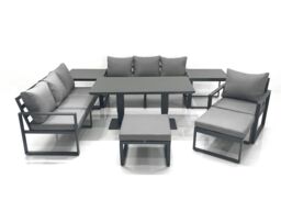 Fimous Outdoor Garden Furniture Set Aluminium Lounge Sofa Adjustable Rising Lifting Dining Table Sets with 2 Big Footstools 2 Side Tables Dark Grey - thumbnail 1