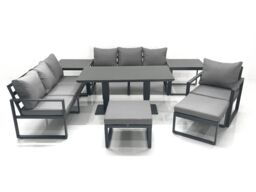 Fimous Outdoor Garden Furniture Set Aluminium Lounge Sofa Adjustable Rising Lifting Dining Table Sets with 2 Big Footstools 2 Side Tables Dark Grey - thumbnail 2