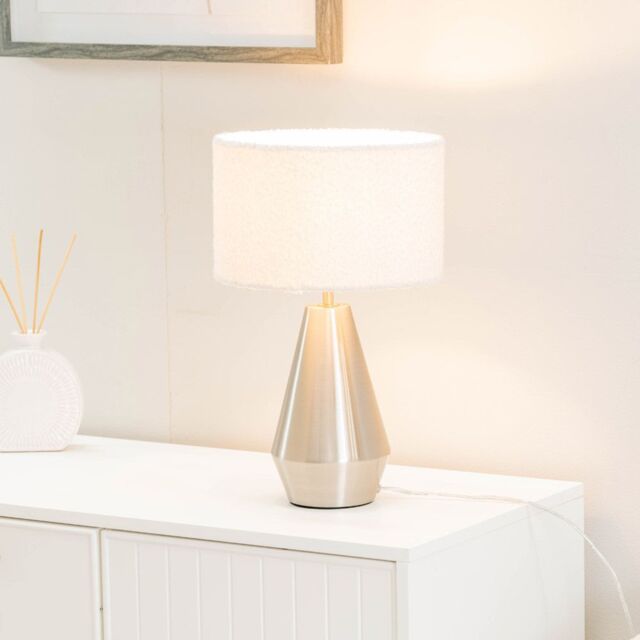 ValueLights Jax Brushed Chrome Metal Dimmable Touch Table Lamp with Cream Boucle Shade - image 1
