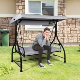 Costway Patio Swing 3-Person Convertible Canopy Swing w/Cushion Seats in Grey - thumbnail 3