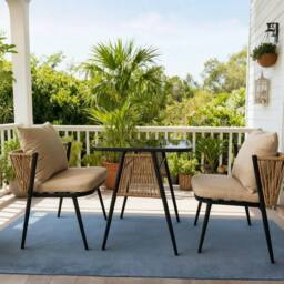 Home Source Patio Garden Bistro Set 3 Piece Rattan Furniture Table & Chairs in Black - thumbnail 2
