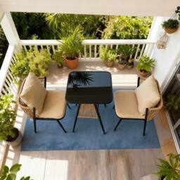 Home Source Patio Garden Bistro Set 3 Piece Rattan Furniture Table & Chairs in Black - thumbnail 5