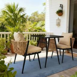 Home Source Patio Garden Bistro Set 3 Piece Rattan Furniture Table & Chairs in Black - thumbnail 1
