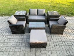 Fimous 5 Seater Outdoor Lounge Sofa Set Wicker PE Rattan Garden Furniture Set with Rectangular Coffee Table Double Seat Sofa in Dark Grey - thumbnail 1